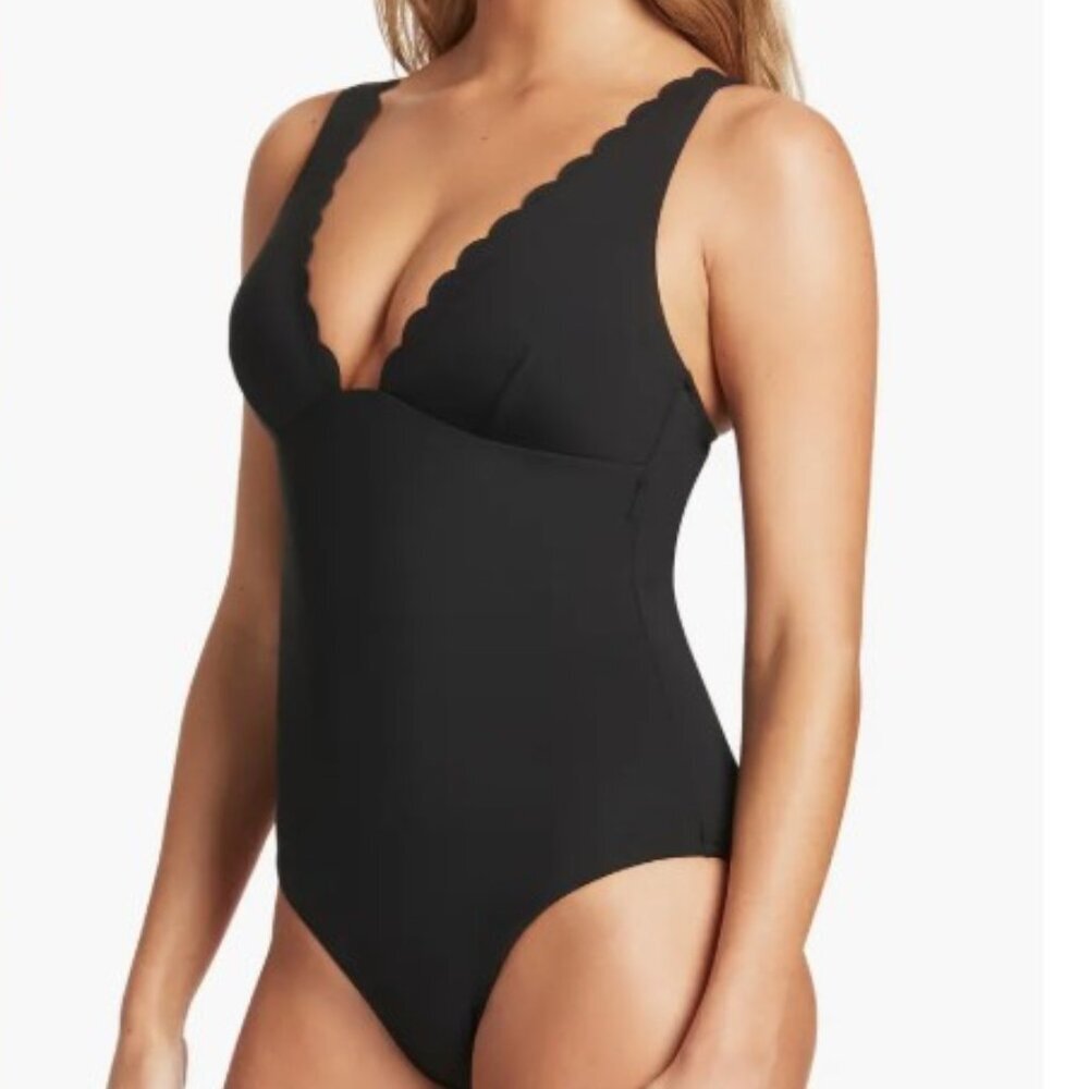 Sea Level Black Scalloped Plunge One Piece Swimsuit Adjustable Straps 8